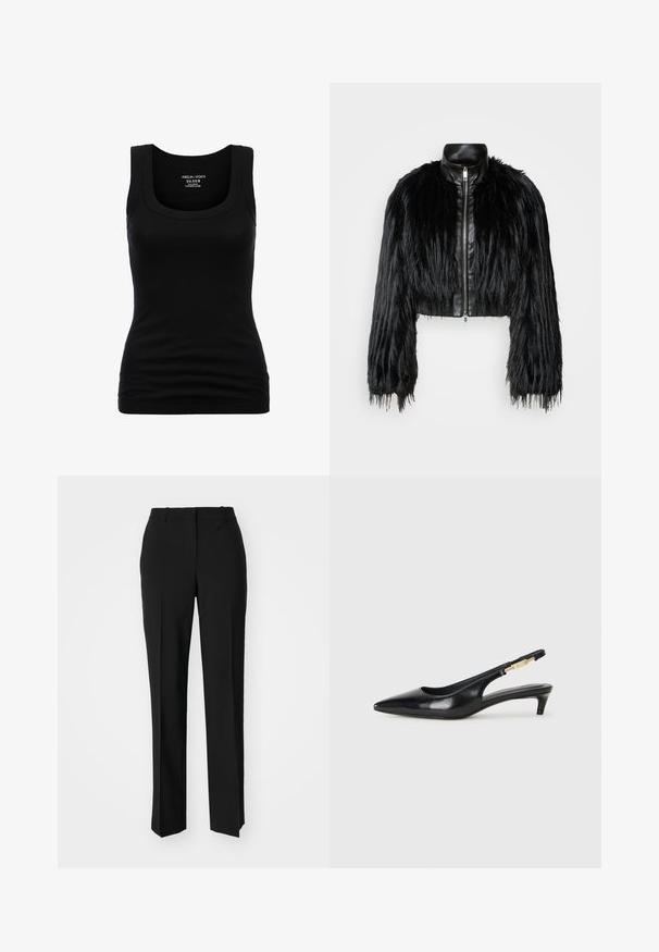 Jacket cropped preta que combina mangas longas de pelo sintético com um colarinho de pele sintética preto e fecho de correr frontal, apresentando um acabamento texturizado e desgrenhado.; Top de alças pretas com decote redondo e alças largas, feito de um material de algodão elástico, com uma silhueta ajustada e textura suave.; Calças pretas de corte ajustado com um design de perna reta, apresentando uma textura lisa e pregas bem definidas na frente. Sem hardware visível.; Saltos slingback em couro preto com bico fino, apresentando um salto esguio e um detalhe em tom dourado na alça ajustável. Textura suave.