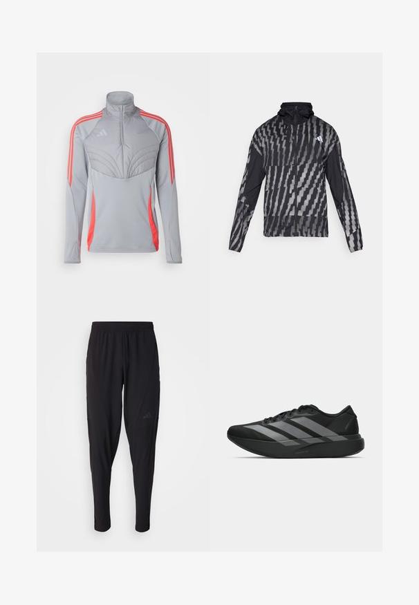 Veste noire légère avec un motif géométrique blanc. Comprend un col haut, une fermeture éclair sur le devant et des manches longues.; Veste de sport grise avec un col montant, panneau texturé sur la poitrine et rayures orange le long des épaules et des côtés. Matériau léger.; Pantalons de sport noirs avec une taille élastique, design fuselé, poches latérales et détail de logo subtil. Fabriqués en tissu flexible et respirant.; Chaussures de sport noires au design léger, présentant trois rayures grises marquées, une texture lisse et une semelle profilée.