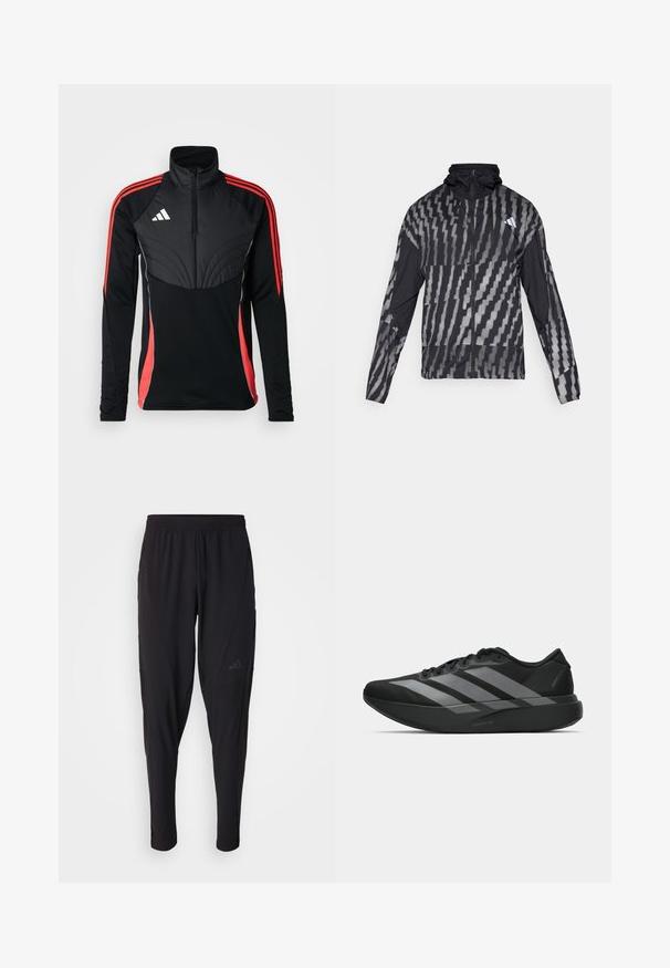 Giacca nera leggera con un motivo geometrico bianco. Include un colletto alto, zip frontale completa e maniche lunghe.; adidas Performance TIRO24 WINTERIZED - Felpa - black/shock red; Pantaloni sportivi neri con vita elastica, design affusolato, tasche laterali e dettagli logo discreti. Realizzati in tessuto flessibile e traspirante.; Scarpe sportive nere con un design leggero, caratterizzate da tre strisce grigie prominenti, una superficie liscia e una suola sagomata.