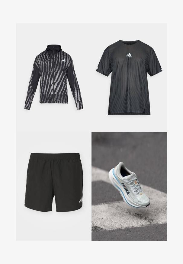 Kevyt musta takki, jossa on geometrinen valkoinen kuvio. Sisältää korkean kauluksen, täyden vetoketjun edessä ja pitkät hihat.; Musta lyhythihainen urheilupaita, jossa on kohokuvioitu vinoraitakuvio ja valkoinen Adidas-logo rinnassa ja hihoissa.; Mustat urheilushortsit, joissa on joustava vyötärönauha, sivurei'ät ja heijastavat logoviivat. Valmistettu kevyestä, sileästä kankaasta.; Valkoinen juoksukenkä, jossa on hengittävä verkkopinta, oranssit yksityiskohdat ja paksu valkoinen välikenkä sinisellä reunuksella. Kevyt muotoilu.