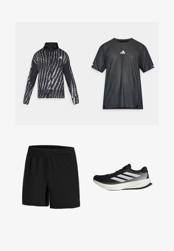 Ľahká čierna bunda s geometrickým bielym vzorom. Obsahuje vysoký golier, plný zips na prednej strane a dlhé rukávy.; Čierne atletické tričko s krátkym rukávom, so štruktúrovaným diagonálnym pruhovaným vzorom a bielym logom Adidas na hrudi a rukávoch.; Čierne športové šortky s širokým elastickým pásom, hladkou textúrou a bočnými vreckami. Navrhnuté pre pohodlie a voľnosť pohybu.; Čierna atletická topánka s dizajnom z mriežky, s bielymi prúžkami, zaoblenou špičkou a textúrovanou podrážkou pre lepšiu priľnavosť a podporu.