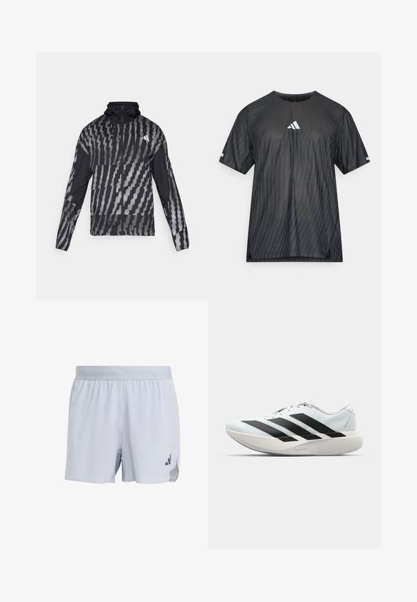 Lightweight black jacket featuring a geometric white pattern. Includes a high collar, full zip front, and long sleeves.; Black athletic t-shirt with short sleeves, featuring a textured diagonal stripe pattern and a white Adidas logo on the chest and sleeves.; Light gray athletic shorts made of breathable fabric, featuring a textured design, elastic waistband, and black logo accent on the side.; Lightweight running shoes in pale blue with black stripes. Features a smooth upper, round toe, and thick white midsole labeled "LIGHTSTRIKE PRO."