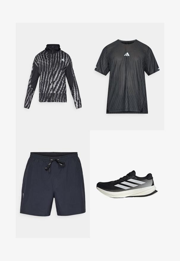 Lightweight black jacket featuring a geometric white pattern. Includes a high collar, full zip front, and long sleeves.; Black athletic t-shirt with short sleeves, featuring a textured diagonal stripe pattern and a white Adidas logo on the chest and sleeves.; Dark blue swim shorts with elastic waistband and drawstring. Made of lightweight material, featuring side pockets and a simple design.; Black athletic shoe with a mesh design, featuring white stripes, a rounded toe, and a textured sole for grip and support.