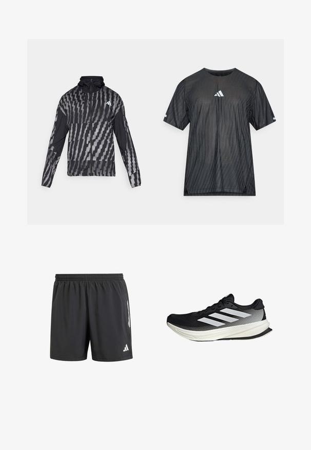 Ľahká čierna bunda s geometrickým bielym vzorom. Obsahuje vysoký golier, plný zips na prednej strane a dlhé rukávy.; Čierne atletické tričko s krátkym rukávom, so štruktúrovaným diagonálnym pruhovaným vzorom a bielym logom Adidas na hrudi a rukávoch.; Čierne športové šortky s elastickým pásom, krátkym vnútorným švom a bielymi logom na stranách. Vyrobené z ľahkej tkaniny.; Čierna atletická topánka s dizajnom z mriežky, s bielymi prúžkami, zaoblenou špičkou a textúrovanou podrážkou pre lepšiu priľnavosť a podporu.