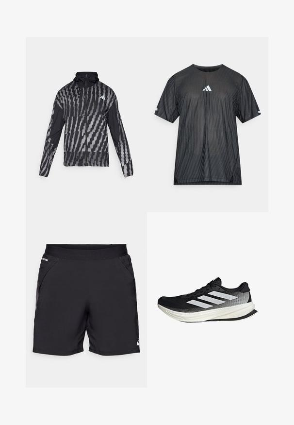 Lätt svart jacka med ett geometriskt vitt mönster. Har hög krage, full dragkedja framtill och långa ärmar.; Svart atletisk t-shirt med korta ärmar, med ett texturerat diagonalt randmönster och en vit Adidas-logotyp på bröstet och ärmarna.; Svarta sportshorts i lätt tyg, med två sidofickor, elastisk midja och en liten logodetalj vid nederkanten.; Svart atletisk sko med nätmönster, som har vita ränder, rund tå och en strukturerad sula för grepp och stöd.