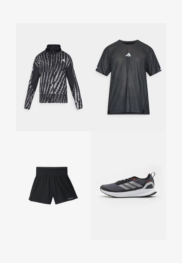 Lengvas juodas švarkas su geometriniu baltu raštu. Su aukšta apykakle, pilnu užtrauktuku ir ilgomis rankovėmis.; Juoda sportinė marškinėliai trumpomis rankovėmis, su tekstūruotu įstrižu dryžuotu raštu ir baltu Adidas logotipu ant krūtinės ir rankovių.; Juodi sportiniai šortai su plačiu elastiniu juosmeniu, pasižymintys laisvu siluetu ir subtiliu ženkliuku apatinėje kairėje pusėje. Lygus paviršius.; Juodai bėgimo batai su pilkais akcentais. Turi tekstūruotą viršutinę dalį, tvirtą padą ir atspindinčius juosteles. Lengvas dizainas su paminkštinta vidurinė dalimi.