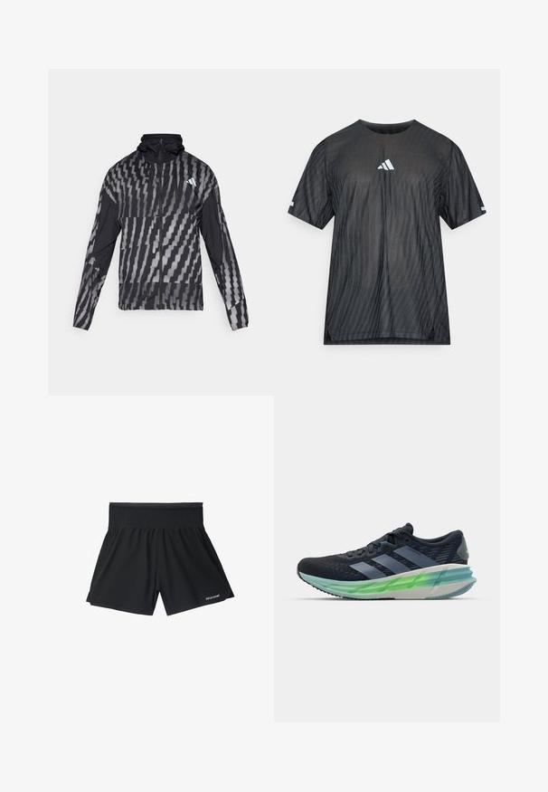 Casaco preto leve com um padrão geométrico branco. Inclui colarinho alto, fecho éclair frontal completo e mangas longas.; T-shirt atlética preta com mangas curtas, apresentando um padrão texturizado de riscas diagonais e um logótipo branco da Adidas no peito e nas mangas.; Calções atléticos pretos com uma cintura larga e elástica, apresentando um corte solto e uma marcação discreta no lado inferior esquerdo. Textura suave.; Sapatilha atlética preta e azul com parte superior em malha, três riscas brancas, sola translúcida verde e um padrão texturizado notável. Design leve.