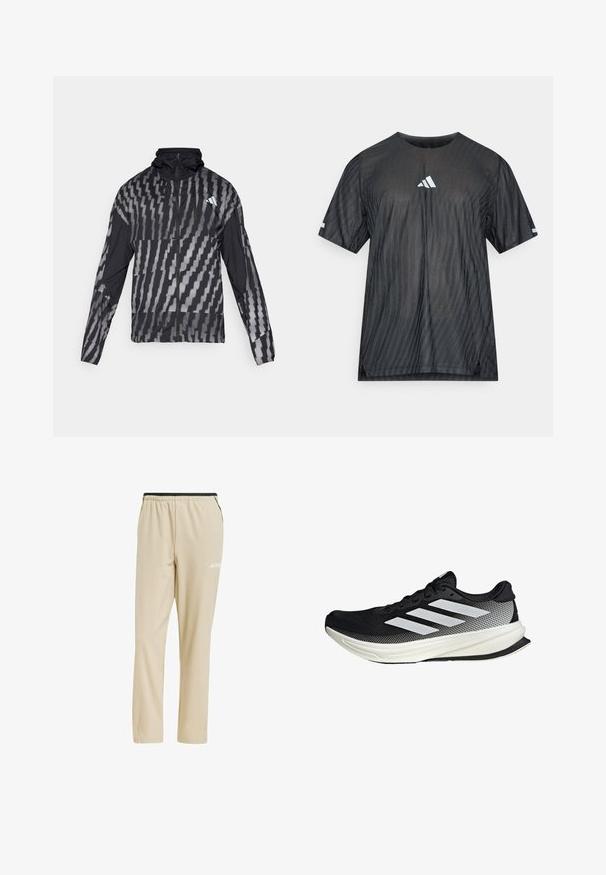 Lightweight black jacket featuring a geometric white pattern. Includes a high collar, full zip front, and long sleeves.; Black athletic t-shirt with short sleeves, featuring a textured diagonal stripe pattern and a white Adidas logo on the chest and sleeves.; Beige athletic pants made from soft, breathable material, featuring an elastic waistband and side pockets with black accents.; Black athletic shoe with a mesh design, featuring white stripes, a rounded toe, and a textured sole for grip and support.