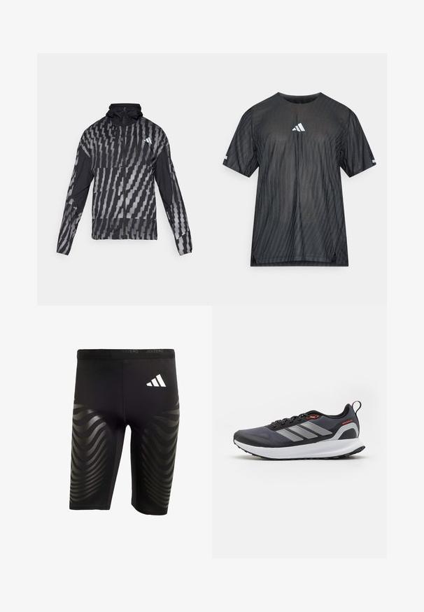 Giacca nera leggera con un motivo geometrico bianco. Include un colletto alto, zip frontale completa e maniche lunghe.; Maglietta atletica nera a maniche corte, con motivo a strisce diagonali testurizzate e logo Adidas bianco sul petto e sulle maniche.; Shorts sportivi neri con una vestibilità elasticizzata, caratterizzati da un motivo a onde lucido sui lati e un logo bianco sulla vita.; Scarpe da corsa nere con accenti grigi. Presentano una tomaia testurizzata, una suola robusta e strisce riflettenti. Design leggero con un midsole ammortizzato.