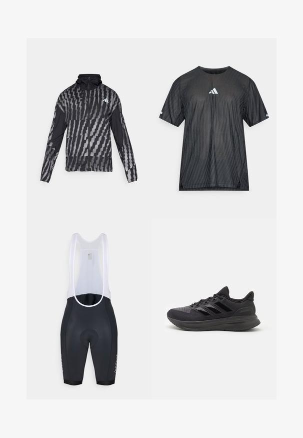 Giacca nera leggera con un motivo geometrico bianco. Include un colletto alto, zip frontale completa e maniche lunghe.; Maglietta atletica nera a maniche corte, con motivo a strisce diagonali testurizzate e logo Adidas bianco sul petto e sulle maniche.; Shorts da ciclismo neri con bretelle in rete bianche, area del sedile imbottita e dettaglio del logo sulla gamba. Materiale liscio con design aderente.; Scarpa sportiva nera con tomaia in tessuto testurizzato, suola in gomma e tre strisce nere lucide sul lato. Punta arrotondata e tallone imbottito.