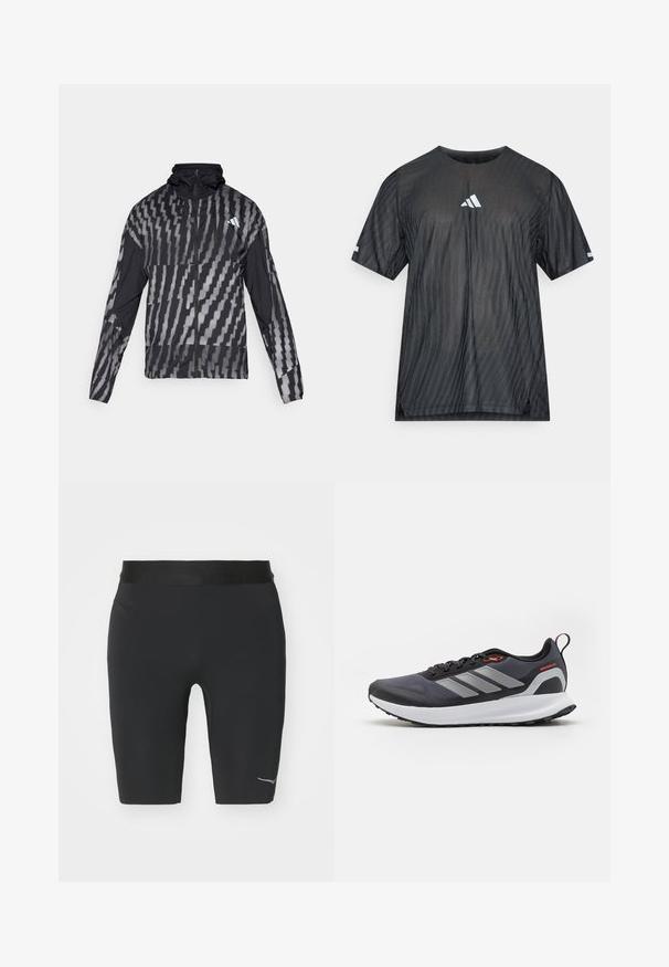 Casaco preto leve com um padrão geométrico branco. Inclui colarinho alto, fecho éclair frontal completo e mangas longas.; T-shirt atlética preta com mangas curtas, apresentando um padrão texturizado de riscas diagonais e um logótipo branco da Adidas no peito e nas mangas.; Shorts atléticos pretos feitos de tecido elástico, com um design ajustado e um detalhe de logótipo refletor na parte inferior.; Sapatilhas de corrida em preto com detalhes em cinza. Apresentam um upper texturizado, sola resistente e riscas refletoras. Design leve com um entressola almofadada.