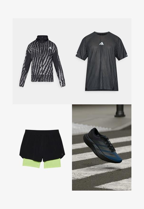 Jachetă neagră ușoară cu un model geometric alb. Include un guler înalt, fermoar pe toată lungimea din față și mâneci lungi.; Tricou sportiv negru cu mâneci scurte, având un model texturat cu dungi diagonale și un logo Adidas alb pe piept și mâneci.; Shorts sportive negre cu o talie elastică, având pantaloni scurți interni atașați de culoare verde deschis. Țesătură netedă și un design casual.; Pantof sportiv negru și albastru cu un design aerodinamic, având o parte superioară texturată, dungi contrastante și o talpă amortizată, plutind deasupra asfaltului.