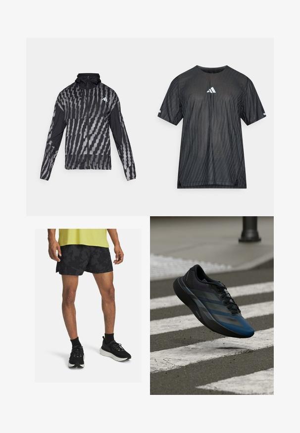 Lightweight black jacket featuring a geometric white pattern. Includes a high collar, full zip front, and long sleeves.; Black athletic t-shirt with short sleeves, featuring a textured diagonal stripe pattern and a white Adidas logo on the chest and sleeves.; Black athletic shorts with a textured pattern, paired with black sneakers featuring a white sole and black ankle socks. Yellow top with perforations.; Black and blue athletic shoe with a streamlined design, featuring a textured upper, contrasting stripes, and a cushioned sole, hovering over pavement.