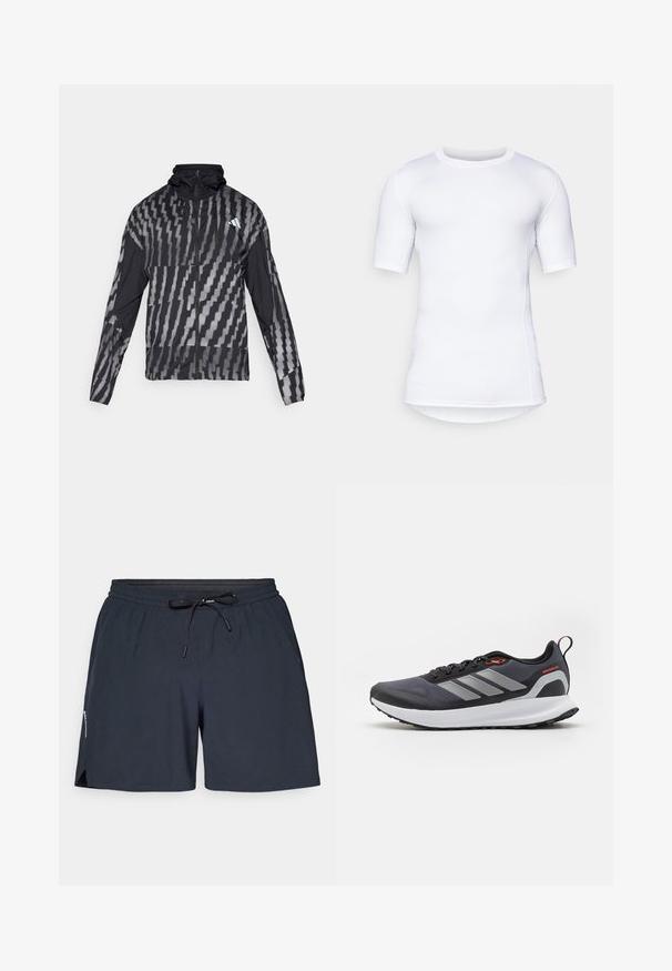 Lengvas juodas švarkas su geometriniu baltu raštu. Su aukšta apykakle, pilnu užtrauktuku ir ilgomis rankovėmis.; Balta trumpomis rankovėmis veiklos marškiniai, pagaminti iš tamprios medžiagos. Yra apvali iškirptė ir plokščios siūlės, užtikrinančios komfortą ir prigludusią išvaizdą.; Tamsiai mėlyni sportiniai šortai, pagaminti iš lengvos medžiagos, turi elastinį juosmenį, raištelį ir šoninius plyšius, suteikiančius judėjimo laisvę.; Juodai bėgimo batai su pilkais akcentais. Turi tekstūruotą viršutinę dalį, tvirtą padą ir atspindinčius juosteles. Lengvas dizainas su paminkštinta vidurinė dalimi.