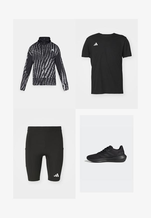 Kerge must jakk, millel on geomeetriline valge muster. Sisaldab kõrget kaelust, täispikkuse visiiri ning pikki varrukaid.; Must värvi sportlik t-särk, mis on valmistatud kergest kangast, lühikeste varrukatega ja ümmarguse kaelusega. Ülemisel vasakul küljel on valge Adidas'i logo.; Mustad mustrid spordiligid, mis on vooderdatud ja valmistatud venivast kangast. Omab kolme taskut ja valget Adidas logo alumises sääres.; adidas Performance RUNFALCON 3.0 - Maanteejooksu jalatsid - core black/carbon
