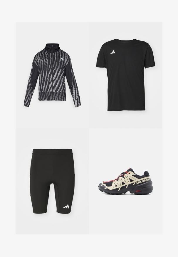 Casaco preto leve com um padrão geométrico branco. Inclui colarinho alto, fecho éclair frontal completo e mangas longas.; T-shirt desportivo preto feito de tecido leve, com mangas curtas e decote redondo. Logótipo branco da Adidas no canto superior esquerdo.; Bermudas atléticas pretas com um design ajustado, feitas de tecido elástico. Apresenta três bolsos e um logo branco da Adidas na parte inferior da perna.; Ténis atléticos pretos e creme com parte superior texturizada, atacadores vermelhos e sola de tração proeminente. Apresenta um design elegante com biqueira reforçada.
