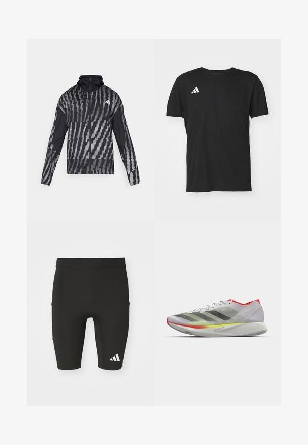 Lehká černá bunda s geometrickým bílým vzorem. Obsahuje vysoký límec, celoplošný zip a dlouhé rukávy.; Černé atletické tričko vyrobené z lehkého materiálu, s krátkým rukávem a kulatým výstřihem. Bílé logo Adidas na horní levé straně.; Černé sportovní kraťasy s přiléhavým střihem, vyrobené z elastického materiálu. Obsahují tři kapsy a bílé logo Adidas na dolní části nohy.; Lehká běžecká obuv se šedou síťovinou, černými a žlutými pruhy, červenými akcenty a strukturovanou podrážkou s technologií LIGHTSTRIKE PRO.