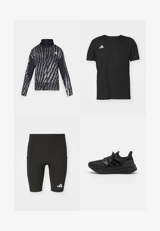 Lehká černá bunda s geometrickým bílým vzorem. Obsahuje vysoký límec, celoplošný zip a dlouhé rukávy.; Černé atletické tričko vyrobené z lehkého materiálu, s krátkým rukávem a kulatým výstřihem. Bílé logo Adidas na horní levé straně.; Černé sportovní kraťasy s přiléhavým střihem, vyrobené z elastického materiálu. Obsahují tři kapsy a bílé logo Adidas na dolní části nohy.; Černé sportovní boty s texturovaným pleteným svrškem, třemi lesklými pruhy, lehkou pěnovou podrážkou a zesíleným podpatkem. Mají šněrovací design.