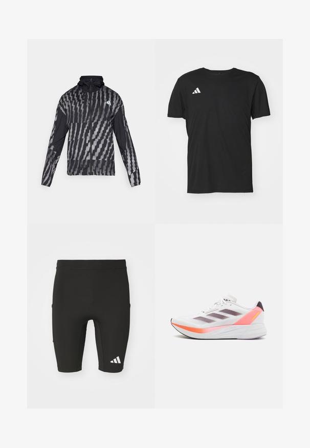 Giacca nera leggera con un motivo geometrico bianco. Include un colletto alto, zip frontale completa e maniche lunghe.; T-shirt sportivo nero realizzato in tessuto leggero, con maniche corte e scollatura rotonda. Logo Adidas bianco sulla parte superiore sinistra.; Pantaloni sportivi neri con un design aderente, realizzati in tessuto elasticizzato. Presentano tre tasche e un logo Adidas bianco sulla gamba inferiore.; adidas Performance DURAMO SPEED - Scarpe da corsa su strada - footwear white/aurora metallic/solar red