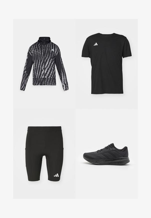 Veste noire légère avec un motif géométrique blanc. Comprend un col haut, une fermeture éclair sur le devant et des manches longues.; T-shirt de sport noir en tissu léger, avec des manches courtes et un col rond. Logo Adidas blanc sur le haut à gauche.; Shorts de sport noirs au design ajusté, fabriqués en tissu extensible. Comprennent trois poches et un logo Adidas blanc sur la jambe inférieure.; Chaussure de sport noire avec une tige en mesh, semelle en caoutchouc, design texturé et détail de trois bandes sur le côté. Rembourrage en mousse pour le confort.