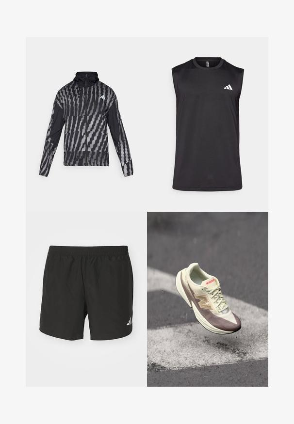 Lightweight black jacket featuring a geometric white pattern. Includes a high collar, full zip front, and long sleeves.; Black sleeveless athletic top made of breathable fabric, featuring a round neckline and a white logo on the upper left side.; Black athletic shorts with an elastic waistband, side slits, and reflective logo accents. Made of lightweight, smooth fabric.; Lightweight athletic shoe with a cream upper and brown accents, featuring a textured surface, laces, and a prominent logo on the side.