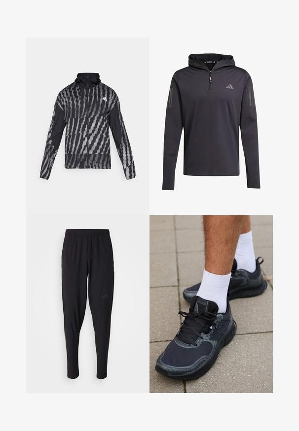 Giacca nera leggera con un motivo geometrico bianco. Include un colletto alto, zip frontale completa e maniche lunghe.; Maglietta nera con cappuccio, maniche lunghe e mezza zip, realizzata in tessuto leggero, con tre strisce verticali grigie su ciascun manica.; Pantaloni sportivi neri con vita elastica, design affusolato, tasche laterali e dettagli logo discreti. Realizzati in tessuto flessibile e traspirante.; New Balance FRESH FOAM X HIERRO V8 - Scarpe da trail running - black