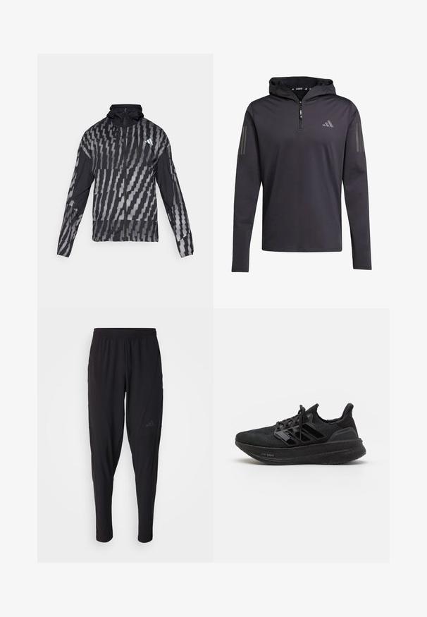 Lichte zwarte jas met een geometrisch wit patroon. Bevat een hoge kraag, volledige rits aan de voorkant en lange mouwen.; Zwarte hoodie met lange mouwen en een halve rits, gemaakt van lichte stof, met drie verticale grijze strepen op elke mouw.; Zwarte sportbroek met een elastische tailleband, taps toelopend ontwerp, zijzakken en subtiele logodetails. Gemaakt van flexibele, ademende stof.; Zwarte sportieve schoenen met een gestructureerde breisel bovenkant, drie glanzende strepen, een lichte foam zool en een verstevigde hiel. Voorzien van een vetersluiting.