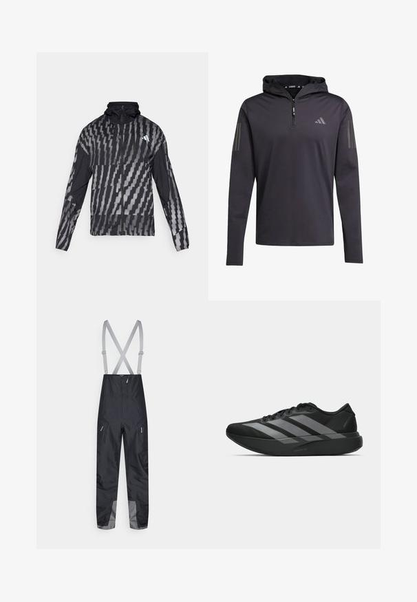 Viegls melns jaka ar ģeometrisku baltu rakstu. Iekļauj augstu apkakli, pilnu rāvējslēdzēju priekšpusi un garas piedurknes.; Melnā kapuce ar garām piedurknēm un pusciparu, izgatavota no viegla auduma, ar trim vertikālām pelēkām svītrām katrā piedurknes pusē.; Melnas ūdensizturīgas kombinezons ar regulējamiem pelēkiem šķērsām siksnām, ar sānu kabatām un pelēkiem akcentiem apakšmalās papildu izturībai.; Melni sporta apavi ar vieglu dizainu, ar trim izteiksmīgiem pelēkiem svītrām, gludu virsmu un kontūrveida zoli.