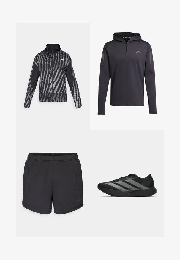 Lahka črna jakna s geometrijskim belim vzorcem. Ima visok ovratnik, poln zadrgo in dolge rokave.; Črna kapuca dolg rokav majica s pol zadrgo, narejena iz lahkega blaga, z deljenimi tremi vertikalnimi sivo-belimi črtami na vsaki rokavi.; Črne atletske kratke hlače z elastičnim pasom in subtilnim Adidasovim logotipom na levi nogi, prikazane na enostavni beli podlagi.; Crne atletske čevlje z lahkotno zasnovo, ki imajo tri izrazite sive črte, gladko teksturo in oblikovano podplat.