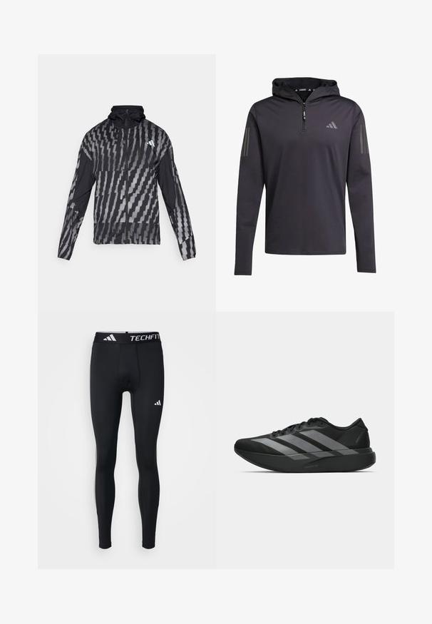 Lichte zwarte jas met een geometrisch wit patroon. Bevat een hoge kraag, volledige rits aan de voorkant en lange mouwen.; Zwarte hoodie met lange mouwen en een halve rits, gemaakt van lichte stof, met drie verticale grijze strepen op elke mouw.; Zwarte sporttights, aansluitend ontwerp, gemaakt van glad, rekbaar materiaal. Voorzien van een tailleband met "TECHFIT" en witte logo-accenten.; Zwarte sportieve schoenen met een lichtgewicht ontwerp, voorzien van drie opvallende grijze strepen, een gladde textuur en een gevormde zool.