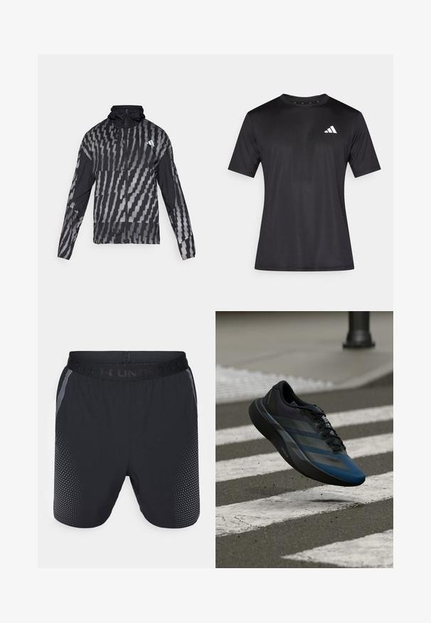 Könnyű fekete dzseki, geometrikus fehér mintával. Magas gallérral, teljes cipzárral és hosszú ujjal rendelkezik.; Fekete sportos póló könnyű hálós anyagból, rövid ujjú, bal mellrészen fehér logóval.; Fekete sportnadrág elasztikus derékkal, szürke oldalsó díszítéssel és pöttyös mintával az alsó részen. Légáteresztő anyagból készült.; Fekete és kék sportcipő áramvonalas kialakítással, texturált felsőrésszel, kontrasztos csíkokkal és párnázott talppal, járda fölött lebegve.