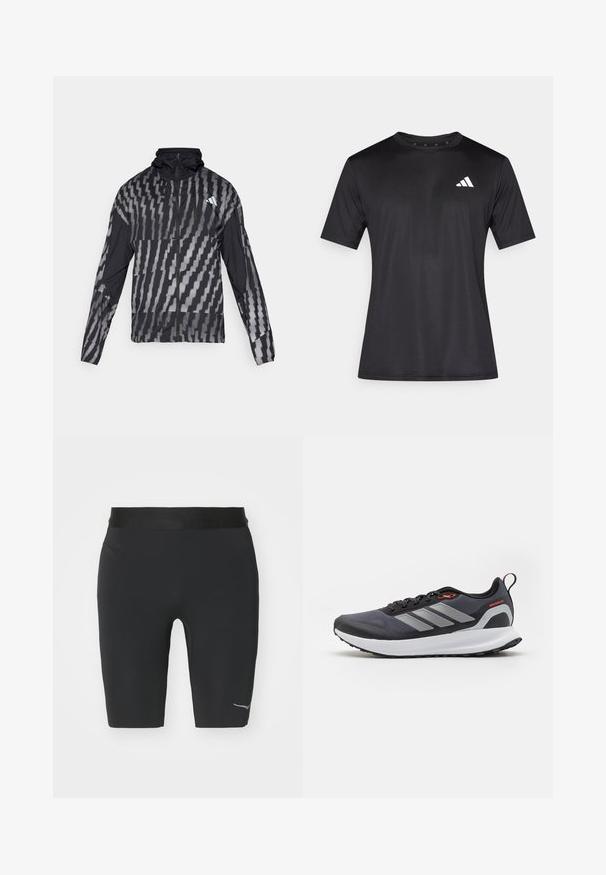 Lahka črna jakna s geometrijskim belim vzorcem. Ima visok ovratnik, poln zadrgo in dolge rokave.; Črna športna majica iz lahkega mrežastega materiala, z kratkimi rokavi in belim logotipom na levi strani prsnega koša.; Črne športne kratke hlače iz raztegljive tkanine, ki se ponašajo s prilegajočim dizajnom in odbojnim logotipom na spodnji strani.; Teksturne superge za tek v črni barvi z sivoi poudarki. Imajo teksturirano zgornji del, trden podplat in odsevne črte. Lahka zasnova s penastim srednjim delom.
