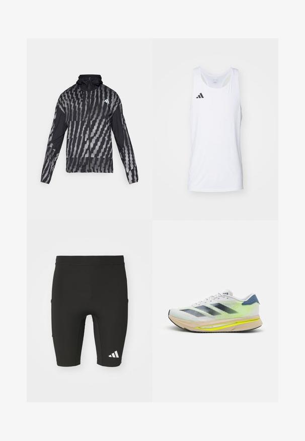 Lichte zwarte jas met een geometrisch wit patroon. Bevat een hoge kraag, volledige rits aan de voorkant en lange mouwen.; Witte mouwloze sport tanktop van lichtgewicht stof, met het zwarte Adidas-logo op de linkerborst en een ronde halslijn.; Zwarte sportshorts met een aansluitend ontwerp, gemaakt van rekbaar materiaal. Voorzien van drie zakken en een wit Adidas-logo op het onderbeen.; adidas Performance ADIZERO SL2 - Hardloopschoenen voor op de weg - dash grey/core black/lucid lemon