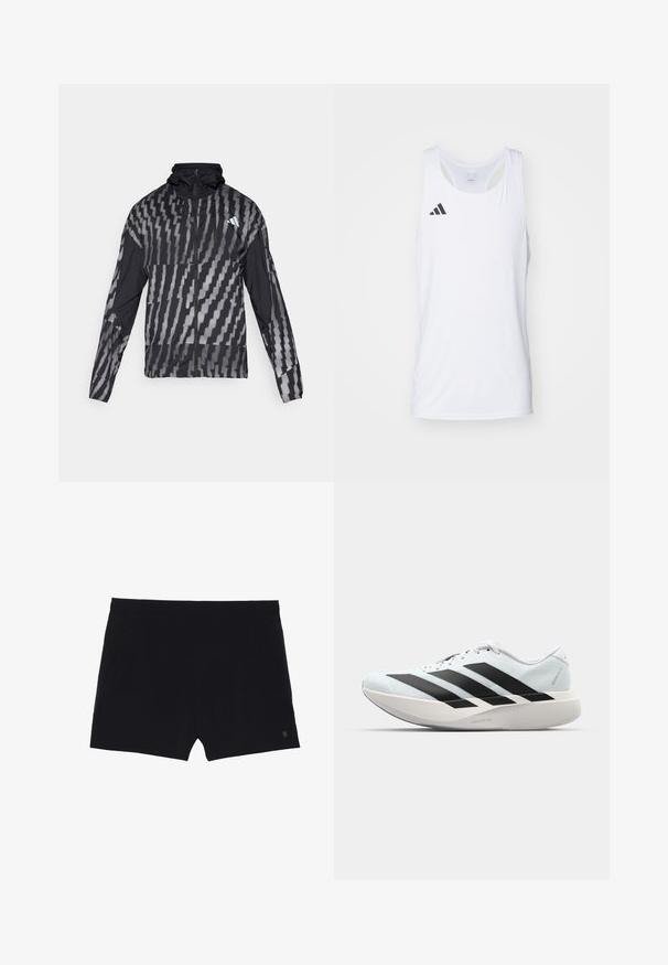 Lettet sort jakke med et geometrisk hvidt mønster. Inkluderer en høj krave, fuld lynlås fortil og lange ærmer.; Hvid ærmeløs atletisk tanktop lavet af letvægtsstof, med sort Adidas-logo på venstre bryst og en scoop-halsudskæring.; Sorte sportsshorts med en glat tekstur, elastisk talje og to sidelommer. Har et lille logo nederst til højre.; Letvægtige løbesko i lys blå med sorte striber. Har en glat overdel, rund tå og tyk hvid mellemsål mærket "LIGHTSTRIKE PRO."