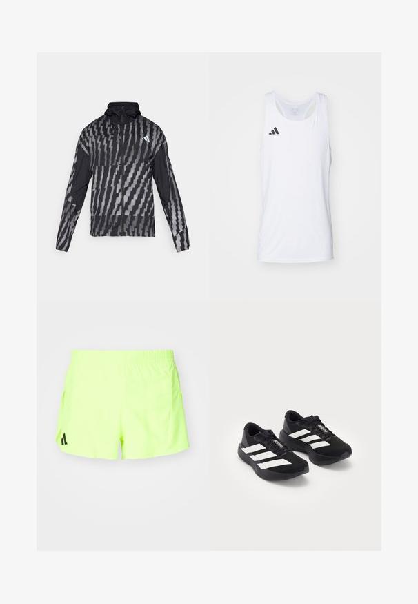 Ľahká čierna bunda s geometrickým bielym vzorom. Obsahuje vysoký golier, plný zips na prednej strane a dlhé rukávy.; Biely bezrukávový športový tielko vyrobené z ľahkej tkaniny, s čiernym logom Adidas na ľavej hrudi a výstrihom do tvaru lodi.; Neón žlté športové šortky s elastickým pásom, bočnými vreckami a čiernym logom v dolnom ľavom rohu. Hladká, ľahká tkanina.; Pár čiernych bežeckých topánok Adidas Adizero s bielymi pruhmi a šnúrkami na bielom pozadí, umiestnených vedľa seba.