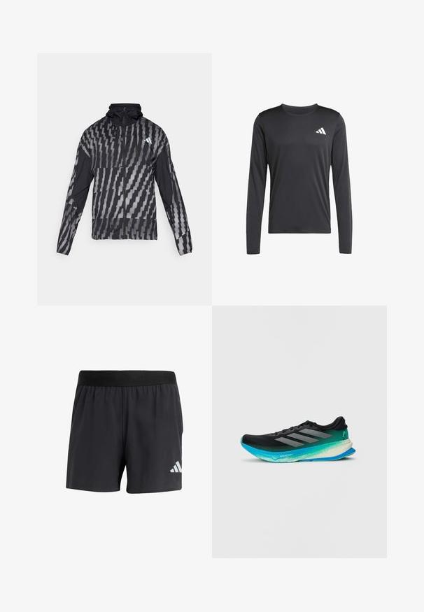 Lehká černá bunda s geometrickým bílým vzorem. Obsahuje vysoký límec, celoplošný zip a dlouhé rukávy.; Černé sportovní tričko s dlouhým rukávem vyrobené z hladké, lehké tkaniny s malým bílým logem na levém horním rohu. Jednoduchý a přiléhavý design.; Černé sportovní kraťasy s elastickým pasem, s hladkým povrchem a reflexním bílým logem na dolní levé straně.; Černá běžecká bota s gradientní aqua podešví, síťovaným svrškem a třemi stříbrnými pruhy po straně. Lehké provedení s texturovaným povrchem.
