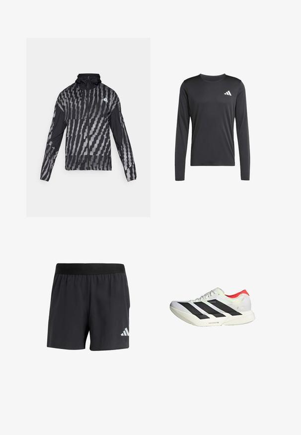 Kevyt musta takki, jossa on geometrinen valkoinen kuvio. Sisältää korkean kauluksen, täyden vetoketjun edessä ja pitkät hihat.; Musta pitkähihainen urheilu paitta, joka on valmistettu sileästä ja kevyestä kankaasta. Vasemmassa yläkulmassa on pieni valkoinen logo. Yksinkertainen ja hyvin istuva malli.; Mustat urheilushortsit, joissa on elastinen vyötärö. Shortsien pinta on sileä ja vasemmassa alareunassa on heijastava valkoinen logo.; Valkoinen urheilukengä, jossa on mustat viistot raidat, punaiset korostukset kantapäässä ja teksturoitu pinta; varustettu LIGHTSTRIKE PRO -vaimennuksella.