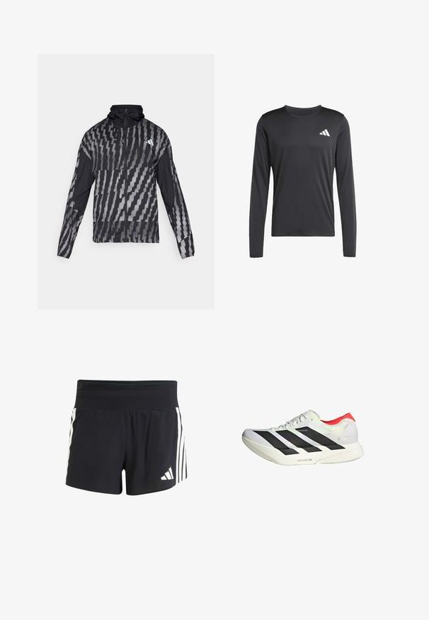 Giacca nera leggera con un motivo geometrico bianco. Include un colletto alto, zip frontale completa e maniche lunghe.; Maglietta sportiva nera a maniche lunghe realizzata in un tessuto morbido e leggero, con un piccolo logo bianco sulla parte superiore sinistra. Design semplice e aderente.; Pantaloni sportivi neri realizzati in tessuto testurizzato, con una vita ampia e tre strisce bianche verticali sui lati. Logo adidas sull'orlo.; Scarpa atletica bianca con strisce diagonali nere, dettagli rossi sul tallone e una tomaia testurizzata; presenta un'imbottitura LIGHTSTRIKE PRO.