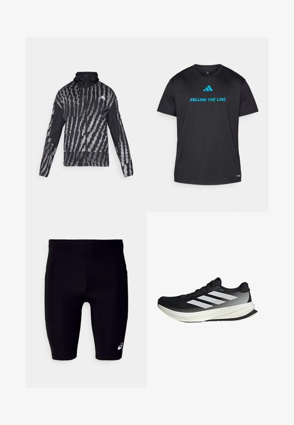 Lightweight black jacket featuring a geometric white pattern. Includes a high collar, full zip front, and long sleeves.; Black athletic t-shirt made of lightweight fabric, featuring "FOLLOW THE LINE" in bright blue and a small logo near the hem.; Black athletic shorts made of stretchy material, featuring a tight fit, knee-length design, and a small white logo on the lower side.; Black athletic shoe with a mesh design, featuring white stripes, a rounded toe, and a textured sole for grip and support.
