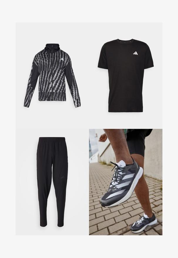 Jachetă neagră ușoară cu un model geometric alb. Include un guler înalt, fermoar pe toată lungimea din față și mâneci lungi.; Tricou negru din bumbac, cu mâneci scurte, de tip crew neckline, cu un logo alb pe pieptul stâng. Textură netedă și design simplu.; Pantaloni atletici negri cu o talie elastică, design conic, buzunare laterale și detalii subtile cu logo. Fabricat dintr-un material flexibil și respirabil.; adidas Performance ADIZERO ADIOS 8 - Pantofi de alergare pe asfalt - carbon/footwear white/core black