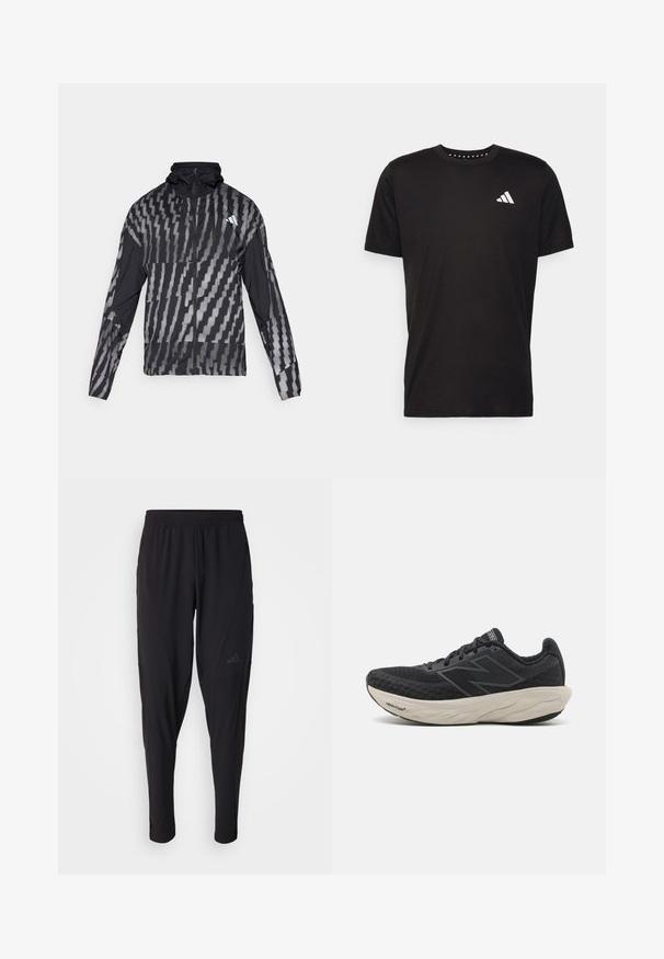 Lengvas juodas švarkas su geometriniu baltu raštu. Su aukšta apykakle, pilnu užtrauktuku ir ilgomis rankovėmis.; Juodas medvilnės marškinėliai trumpomis rankovėmis, su apvalia iškirpte ir balta logo kairiajame krūtinės šone. Lygus tekstūra ir paprastas dizainas.; Juodos sportinės kelnės su elastinga juosmeniu, siaurėjantis dizainas, šoninės kišenės ir subtilus logotipo detalė. Pagamintos iš lankstaus, kvėpuojančio audinio.; Juodas sportinis batelis su tekstūruota tinkliniu viršumi, paminkštintu baltu viduriu ir juodu guminiu padu su matomais grioveliais.