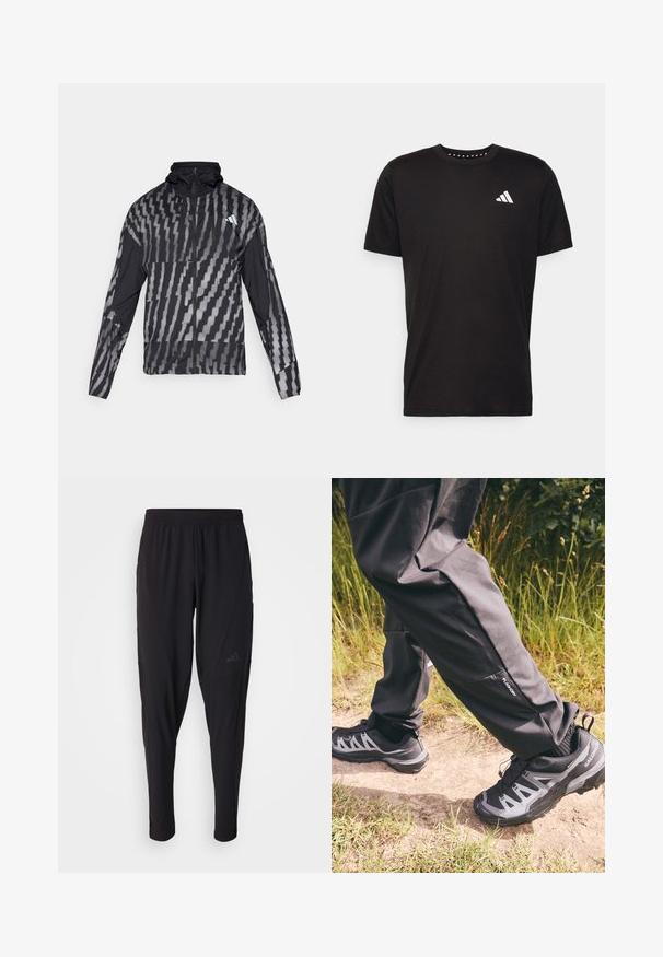 Kerge must jakk, millel on geomeetriline valge muster. Sisaldab kõrget kaelust, täispikkuse visiiri ning pikki varrukaid.; Must must ka t-särk lühikeste varrukatega, ümmarguse kaelusega ja valge logoga vasakul rinnal. Sile tekstuur ja lihtne disain.; Mustad mustat spordipüksid elastse vöökohtaga, kitseneva disaini, küljetaskute ja peene logodetailiga. Valmistatud paindlikust ja hingavast kangast.; Mustad mustandusega veekindlad püksid, millel on lõdva istuvusega mudel ja väike külgetasku. Koos nahaga kaetud mustade ja hallide matkasaabastega, millel on muster.
