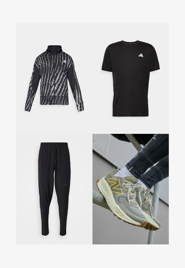 Veste noire légère avec un motif géométrique blanc. Comprend un col haut, une fermeture éclair sur le devant et des manches longues.; T-shirt en coton noir à manches courtes, décolleté rond et logo blanc sur la poitrine gauche. Texture lisse et design simple.; Pantalons de sport noirs avec une taille élastique, design fuselé, poches latérales et détail de logo subtil. Fabriqués en tissu flexible et respirant.; Des baskets New Balance gris clair avec un logo "N" jaune, un upper en maille texturée, un système de laçage et une semelle rembourrée de couleur blanc cassé. Détail de la semelle extérieure marron.