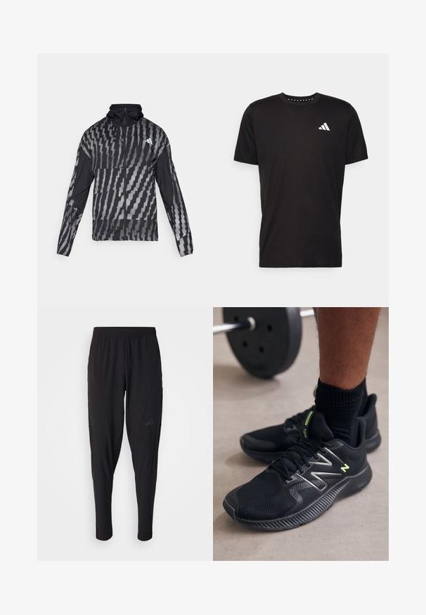 Lightweight black jacket featuring a geometric white pattern. Includes a high collar, full zip front, and long sleeves.; Black cotton t-shirt with short sleeves, crew neckline, and a white logo on the left chest. Smooth texture and simple design.; Black athletic pants with an elastic waistband, tapered design, side pockets, and subtle logo detail. Made from flexible, breathable fabric.; Black athletic shoes made of mesh and synthetic materials, featuring reflective accents and a rubber outsole with textured grip.