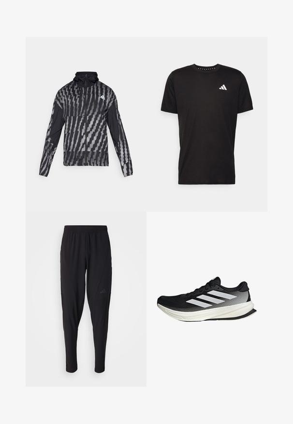 Giacca nera leggera con un motivo geometrico bianco. Include un colletto alto, zip frontale completa e maniche lunghe.; T-shirt in cotone nero con maniche corte, scollo rotondo e logo bianco sul lato sinistro del petto. Texture liscia e design semplice.; Pantaloni sportivi neri con vita elastica, design affusolato, tasche laterali e dettagli logo discreti. Realizzati in tessuto flessibile e traspirante.; Scarpa sportiva nera con design in rete, caratterizzata da strisce bianche, punta arrotondata e suola testurizzata per aderenza e supporto.