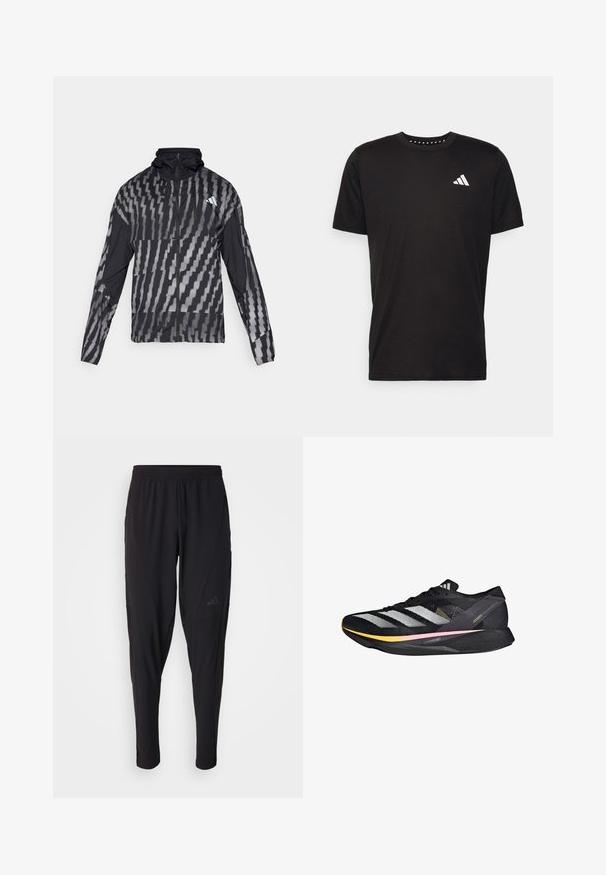 Lightweight black jacket featuring a geometric white pattern. Includes a high collar, full zip front, and long sleeves.; Black cotton t-shirt with short sleeves, crew neckline, and a white logo on the left chest. Smooth texture and simple design.; Black athletic pants with an elastic waistband, tapered design, side pockets, and subtle logo detail. Made from flexible, breathable fabric.; adidas Performance ADIZERO TAKUMI SEN 10 - Road running shoes - core black metalic spark