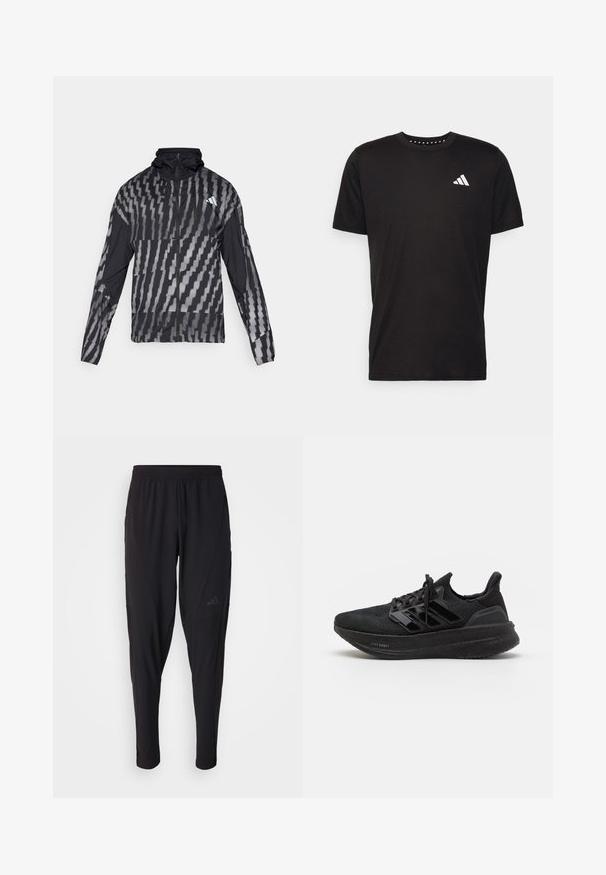 Giacca nera leggera con un motivo geometrico bianco. Include un colletto alto, zip frontale completa e maniche lunghe.; T-shirt in cotone nero con maniche corte, scollo rotondo e logo bianco sul lato sinistro del petto. Texture liscia e design semplice.; Pantaloni sportivi neri con vita elastica, design affusolato, tasche laterali e dettagli logo discreti. Realizzati in tessuto flessibile e traspirante.; Scarpe sportive nere con tomaia in maglia testurizzata, tre strisce lucide, suola in schiuma leggera e tallone rinforzato. Presentano un design con lacci.