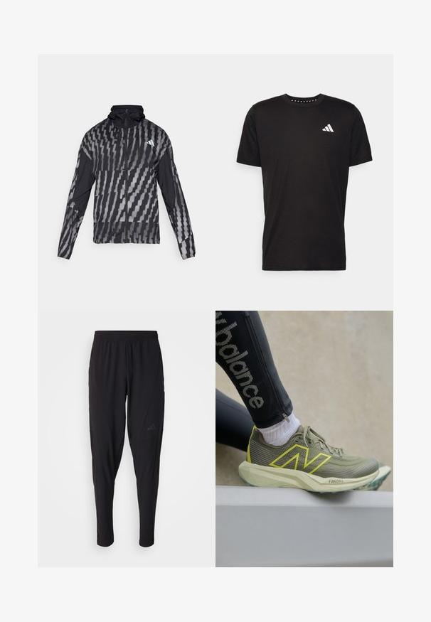 Lett svart jakke med et geometrisk hvitt mønster. Har høy krage, hel glidelås foran og lange ermer.; Svart bomulls t-skjorte med korte ermer, rund hals og en hvit logo på venstre bryst. Glatt tekstur og enkelt design.; Svarte treningsbukser med elastisk midje, smal design, sidelommer og subtil logo. Laget av fleksibelt, pustende stoff.; New Balance FUELCELL VENYM - Løpesko for mark - dark olivine