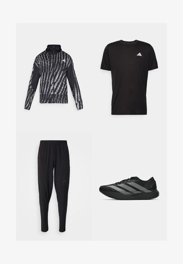 Jachetă neagră ușoară cu un model geometric alb. Include un guler înalt, fermoar pe toată lungimea din față și mâneci lungi.; Tricou negru din bumbac, cu mâneci scurte, de tip crew neckline, cu un logo alb pe pieptul stâng. Textură netedă și design simplu.; Pantaloni atletici negri cu o talie elastică, design conic, buzunare laterale și detalii subtile cu logo. Fabricat dintr-un material flexibil și respirabil.; Pantofi sport negri cu un design ușor, prezentând trei dungi gri proeminente, o textură netedă și o talpă conturată.