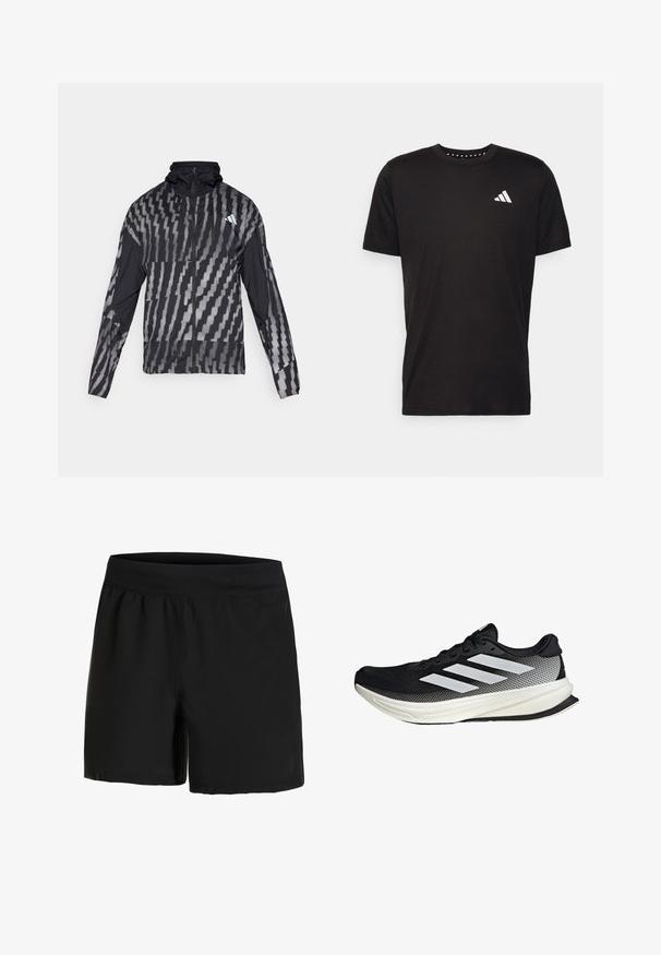 Lightweight black jacket featuring a geometric white pattern. Includes a high collar, full zip front, and long sleeves.; Black cotton t-shirt with short sleeves, crew neckline, and a white logo on the left chest. Smooth texture and simple design.; Black athletic shorts with a wide, elastic waistband, smooth texture, and side pockets. Designed for comfort and ease of movement.; Black athletic shoe with a mesh design, featuring white stripes, a rounded toe, and a textured sole for grip and support.